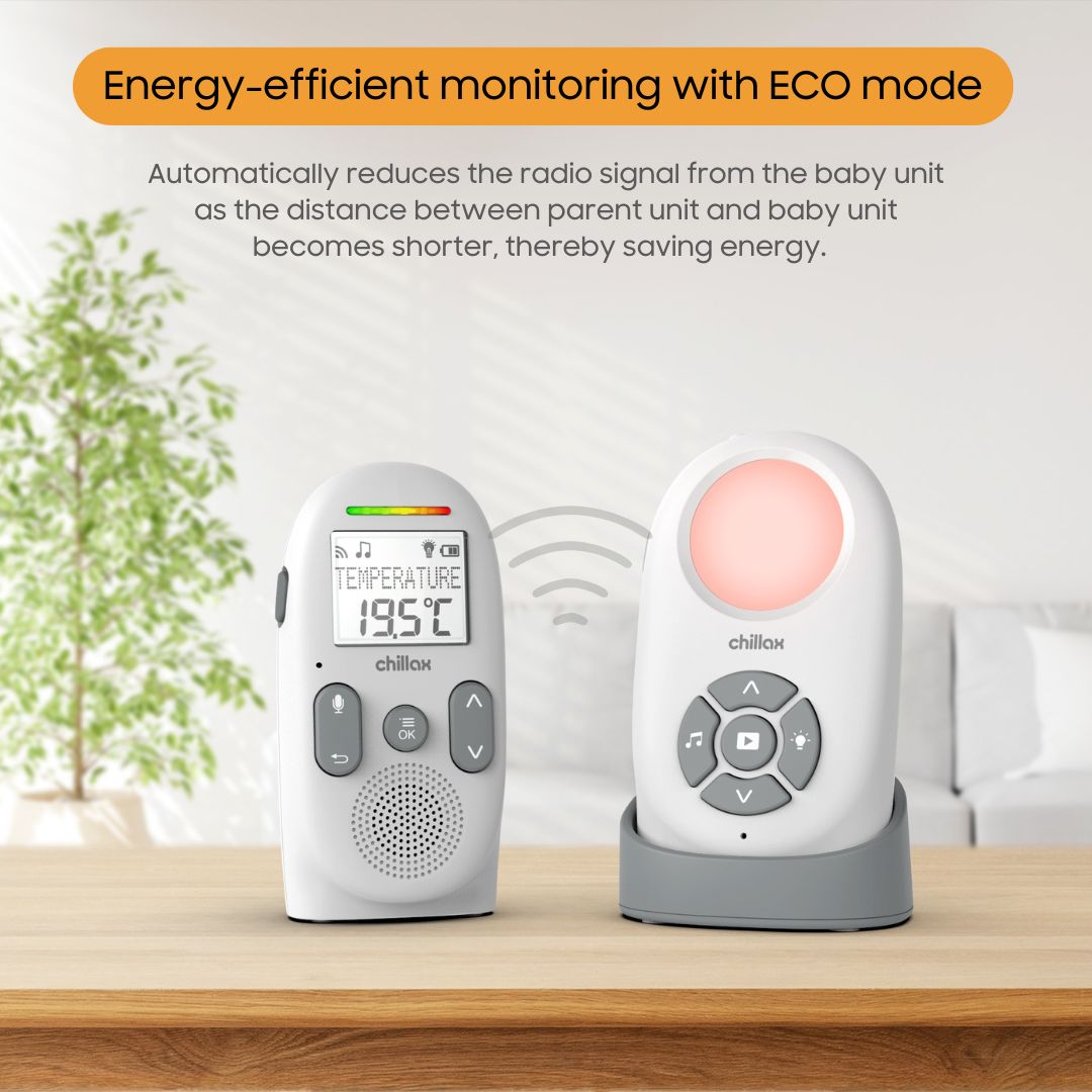Chillax - Babyphone Audio CB360 Portable - DECT - 2 unités sans Fil - Modes VOX et Eco - Capteur de Température avec Alerte - Portée 340 m - Veilleuse & 5