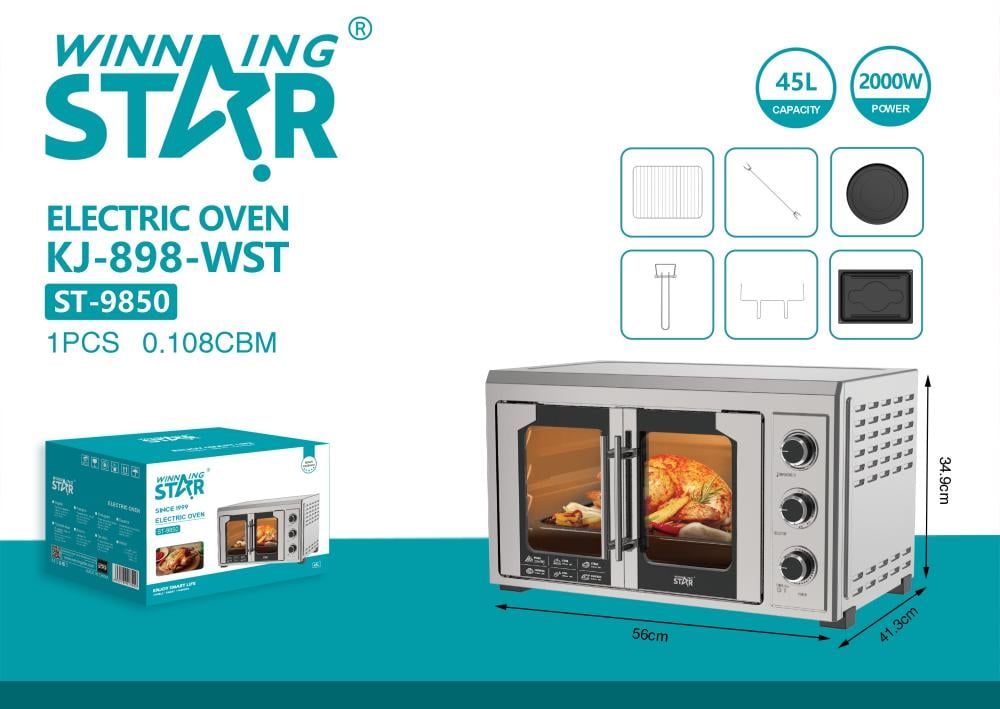 Winning Star Electric Oven, 45L Capacity, French Glass Door, Baking Tray, Pizza Tray, Rotating Grill, Interior Lighting, 2000W, Silver, St-9850 - View 7