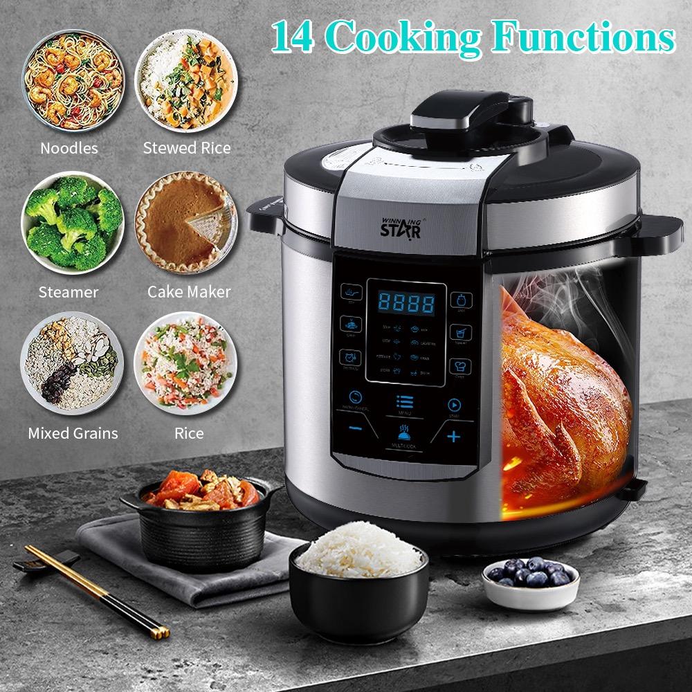 Winning Star Pressure Cooker, 6L Capacity, Digital, 14 Functions, Measuring Spoon And Cup Attachments, Stainless Steel, 1000W, Black Silver, St-9303 - View 2