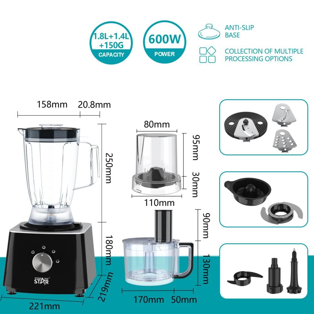 Winning Star Food Processor, 1.8L Bowl Capacity, 10 In 1 Multi-Function, Mixing, Grinding, And Dough Preparation, Stainless Steel Blades, 600 Watts, Black, St-5583 - View 3