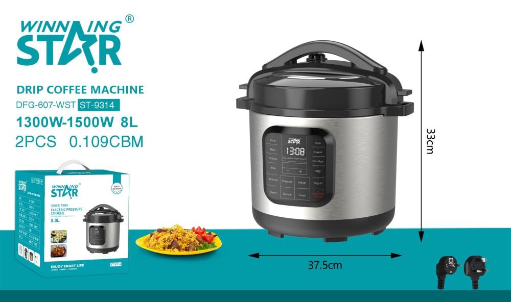 Winning Star, Pressure Cooker, 8 Liter Capacity, Digital, 14 Functions, Measuring Spoon And Cup Attachments, Stainless Steel, 1300 Watts, Black Silver, M/St-9314 - View 7