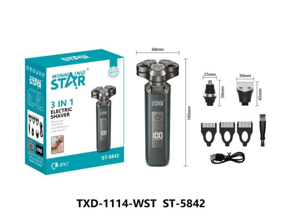 Winning Star Shaver, 3 In 1, 3 Different Heads, Charging And Cleaning Alarm, Waterproof, 5 Watts, 120 Minutes Of Operation, Black, St-5842 - View 3